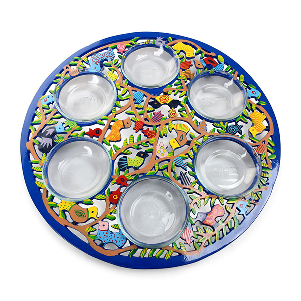 Yair Emanuel Hand Painted Laser Cut Seder Plate - Birds in Pomegranate Tree