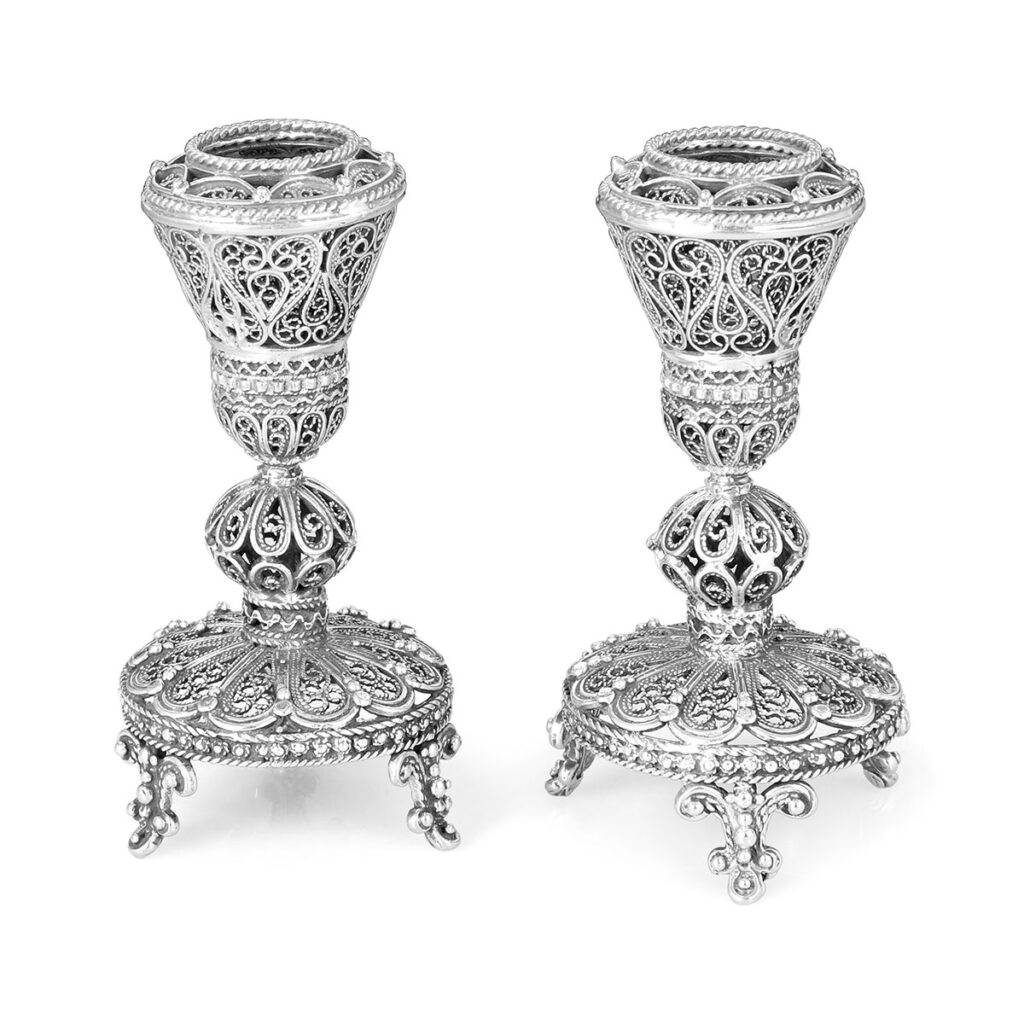 Traditional Yemenite Art Stylish Handcrafted Sterling Silver Shabbat Candlesticks With Filigree Design