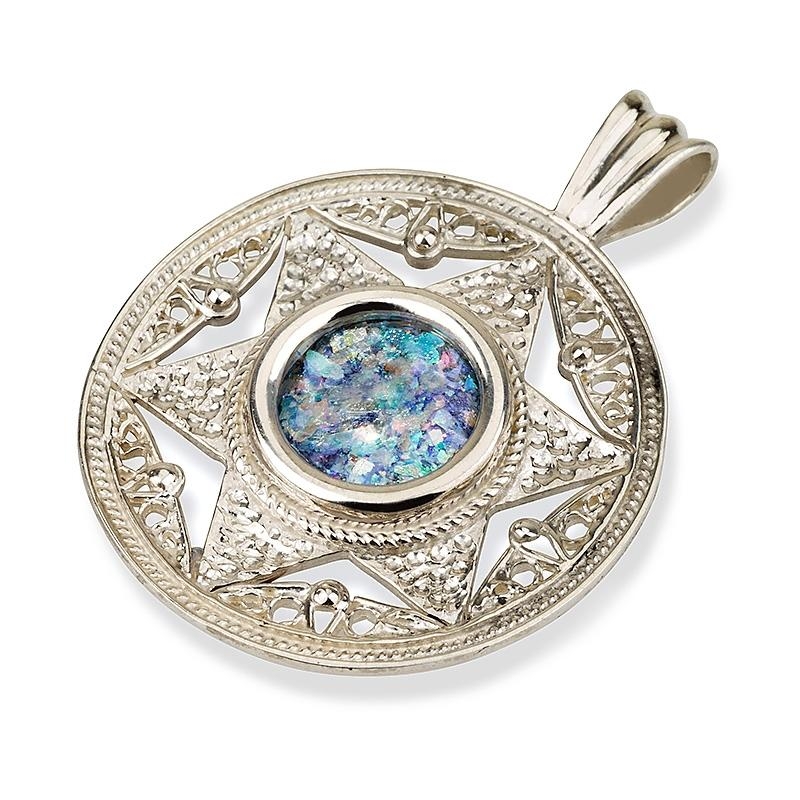 Roman Glass and Silver Emerging Star of David Pendant Necklace