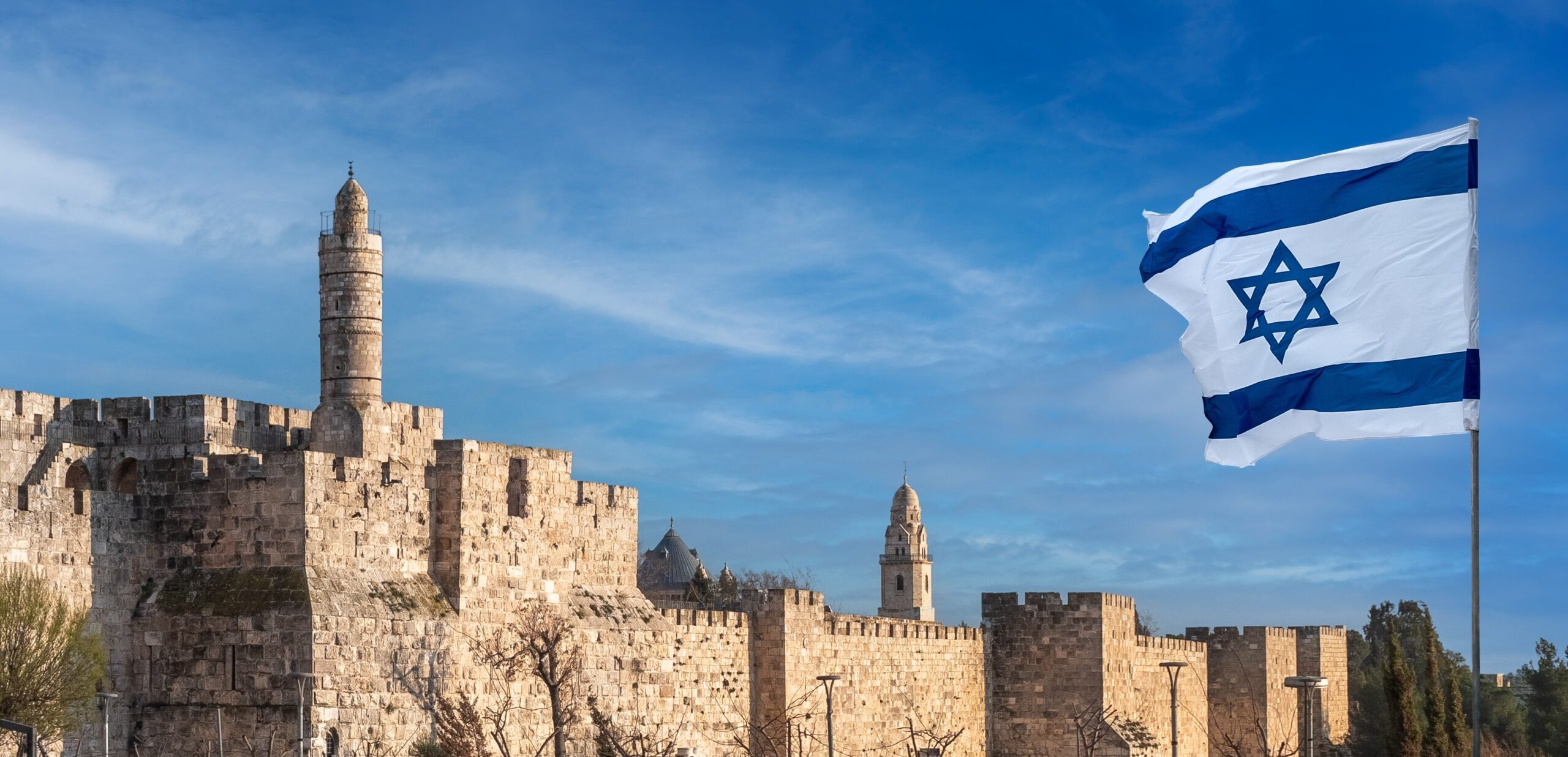 Tower of David with Israeli flag, panoramic view.