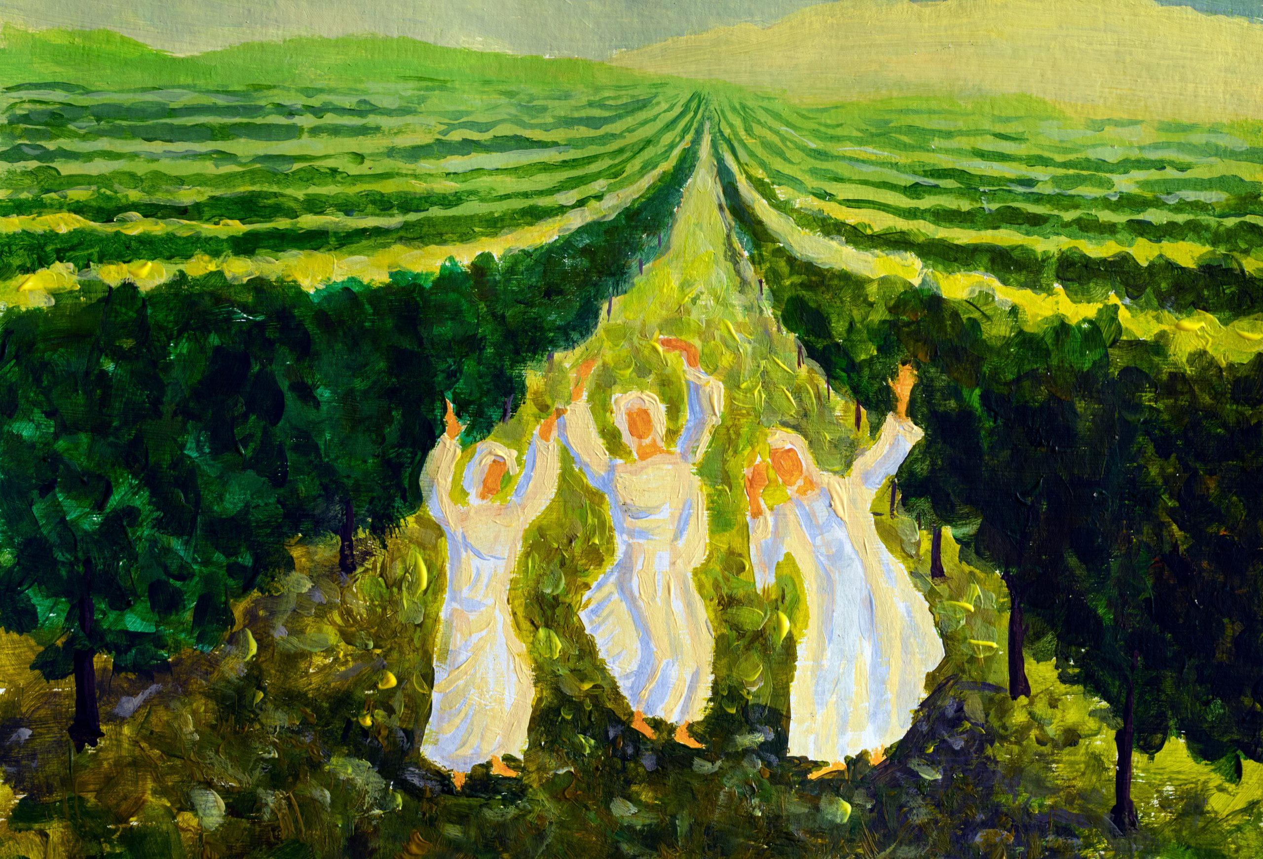 Oil painting Tu b'Av, the Jewish festival of love, beautiful art young girls dancing in white dresses in the vineyard Religious painting paint. Modern Impressionism. Acrylic artwork.