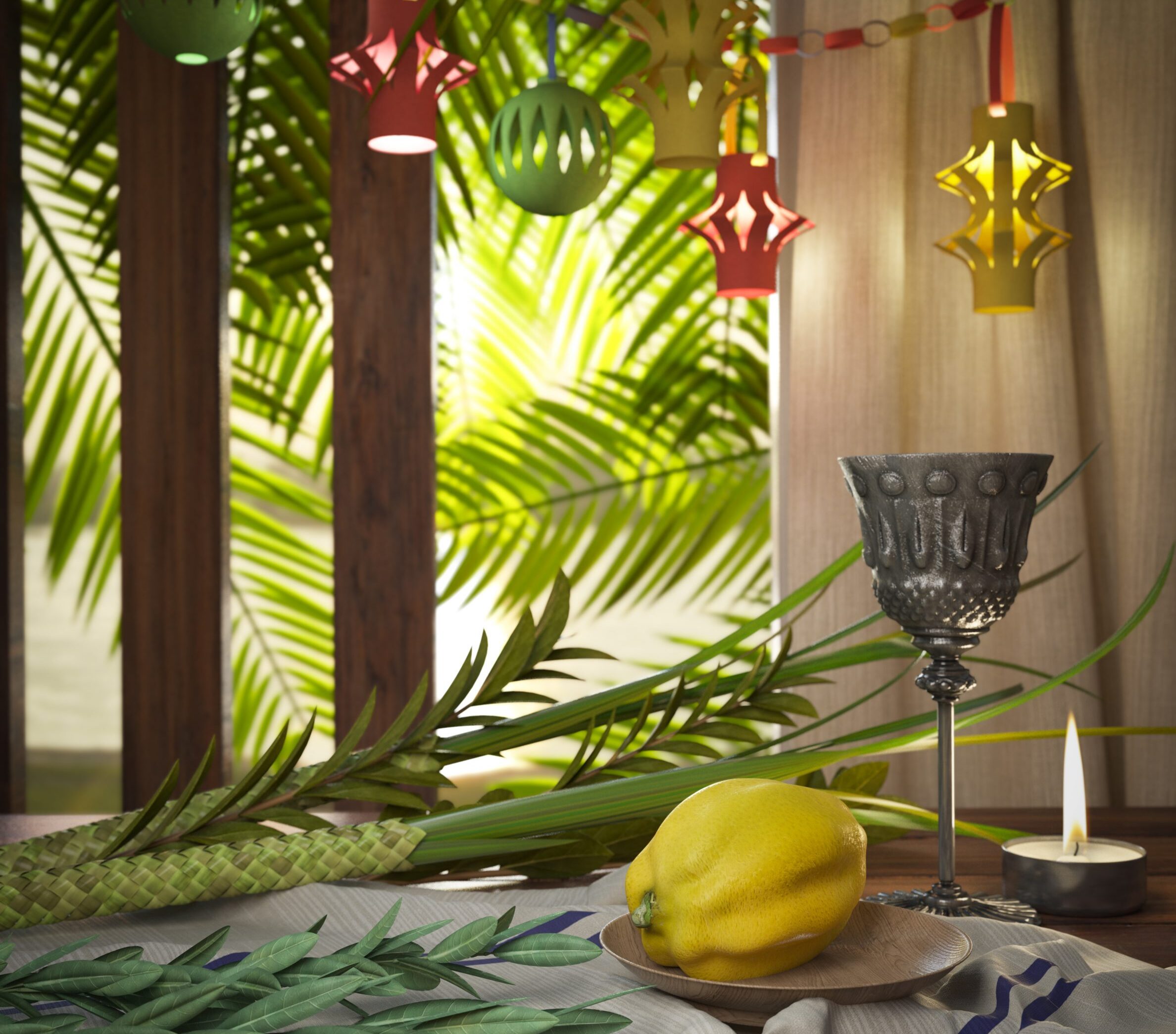 Symbols of the Jewish holiday Sukkot with palm leaves and candle