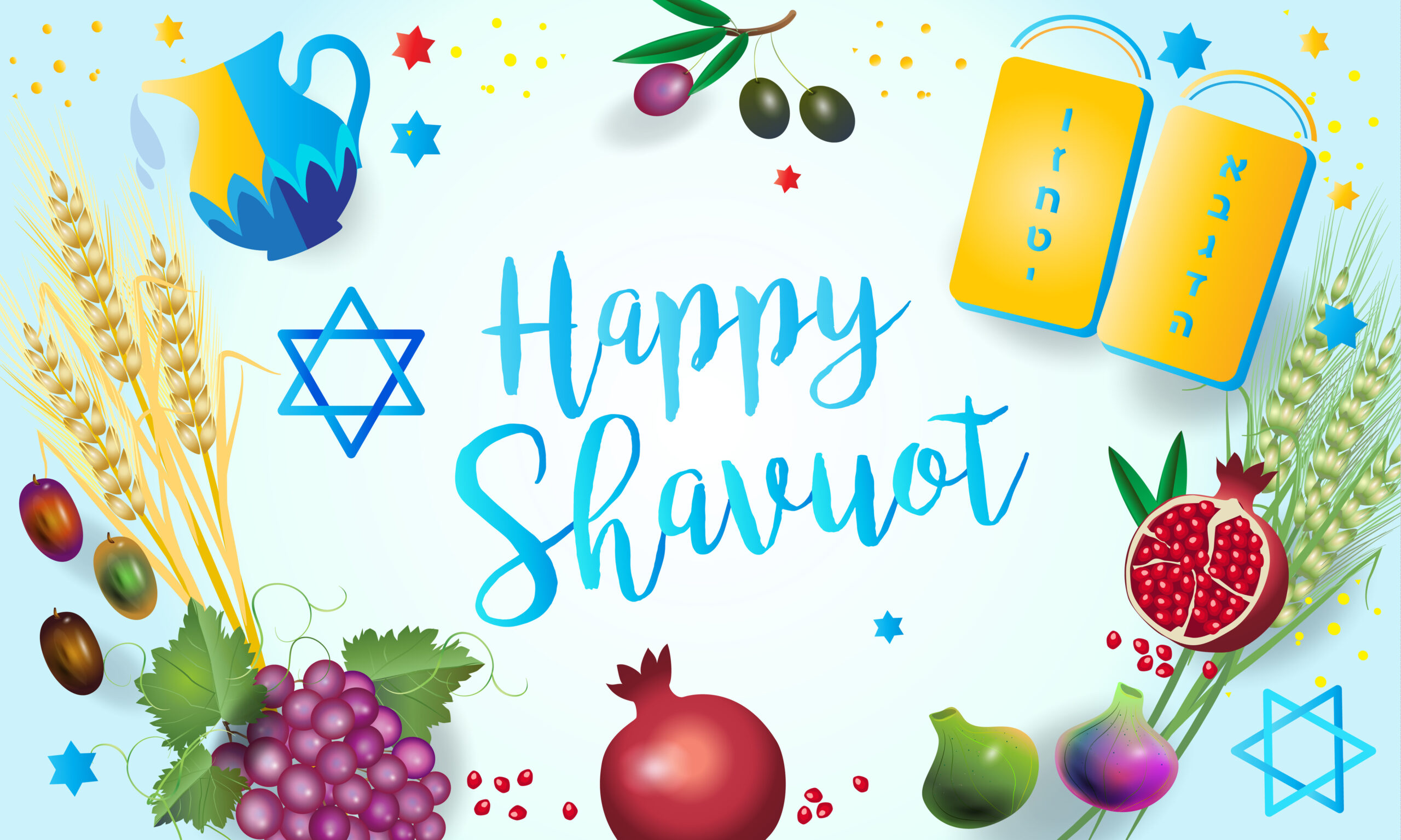 Happy Shavuot - hebrew text, Jewish Holiday card, torah, traditional seven species fruits, barley, wheat, figs, grape, date palm fruit, olives, pomegranate vector, Pentecost, Israel