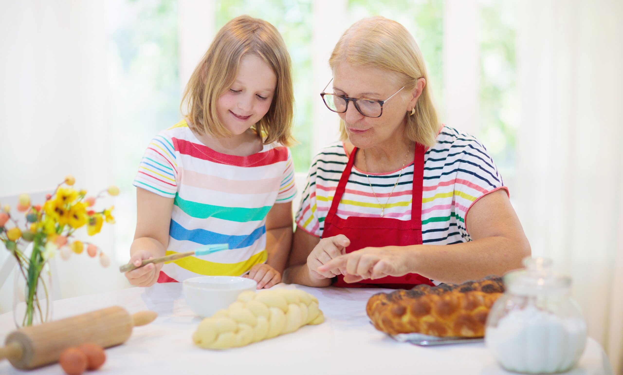 Mom and child baking bread.